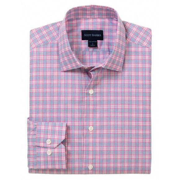 NEW SCOTT BARBER men's long sleeve newport poplin plaid shirt in berry - Picture 1 of 2